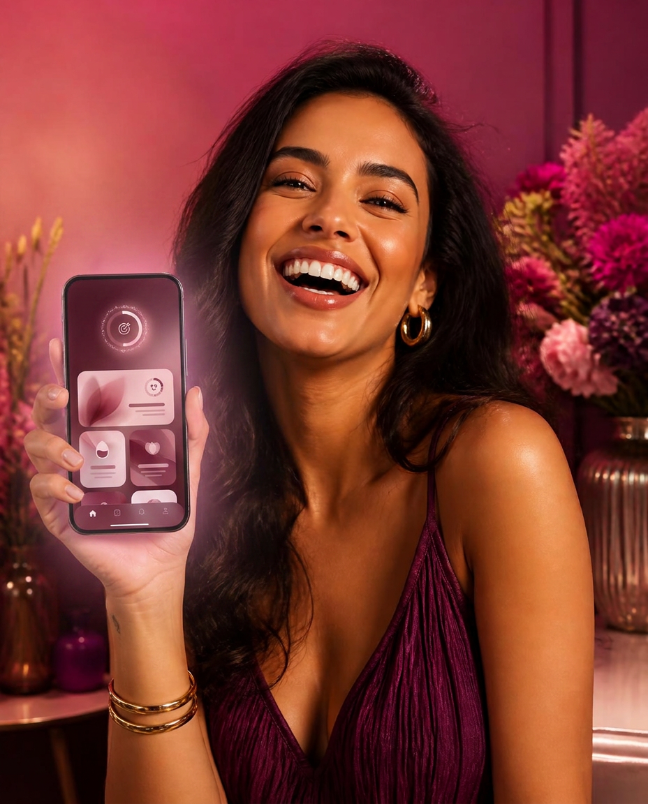 Mulher sorrindo segurando o celular com o aplicativo Glow Up Feminino aberto
